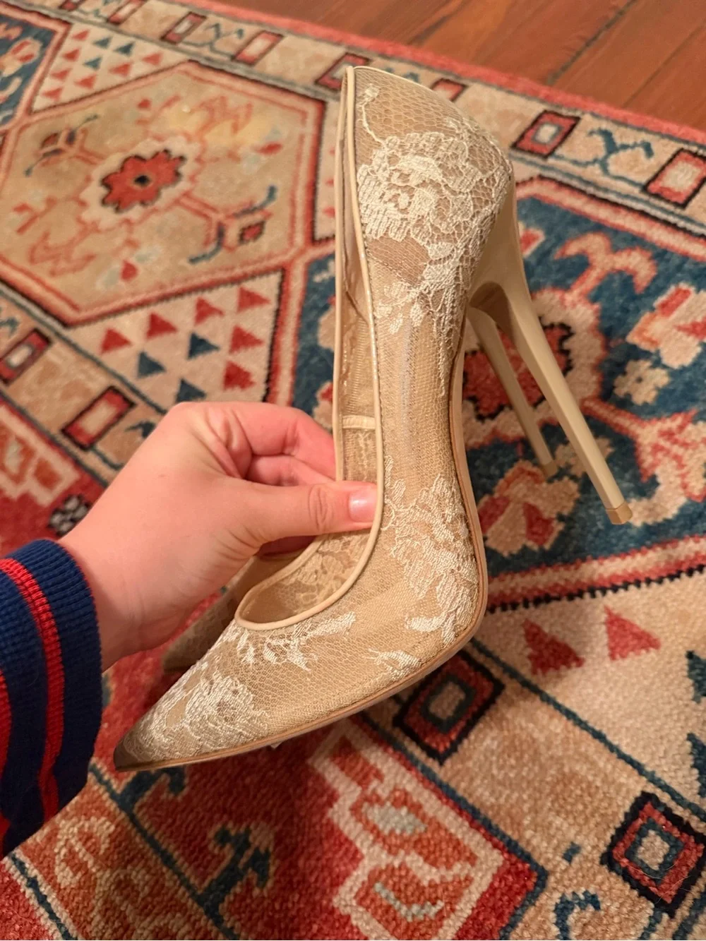 CONSIGNED Jimmy Choo Beige Lace Pointed-Toe Pumps with Floral Overlay